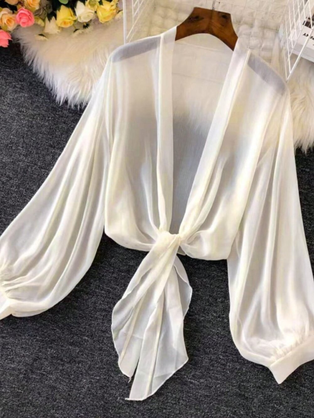 Apricot Casual Women's Thin Lantern Sleeve Tie Waist Cardigan